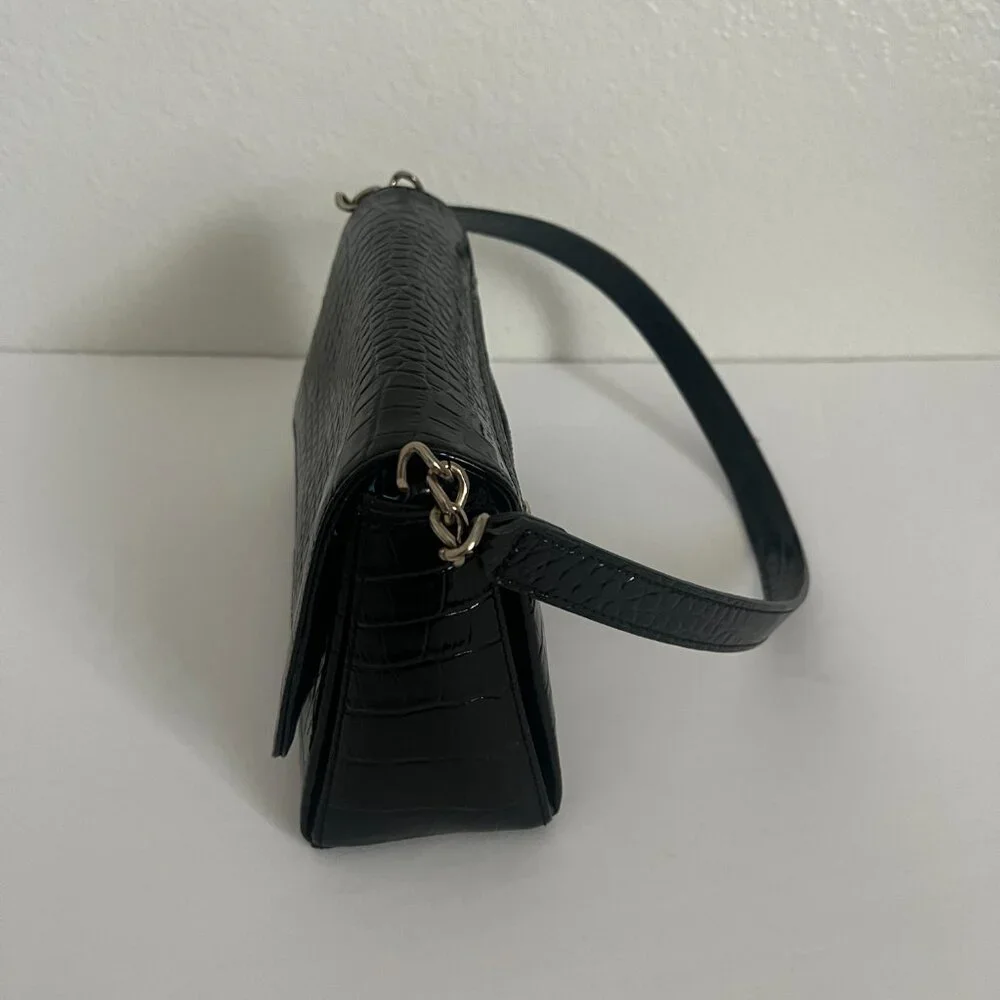 Vintage Liz Claiborne Crocodile Embossed Faux Leather Black Shoulder Bag Purse - Picture 3 of 10